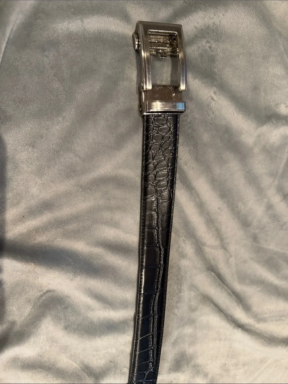 Black Croc-Embossed Leather Belt with Silver Buckle - Men